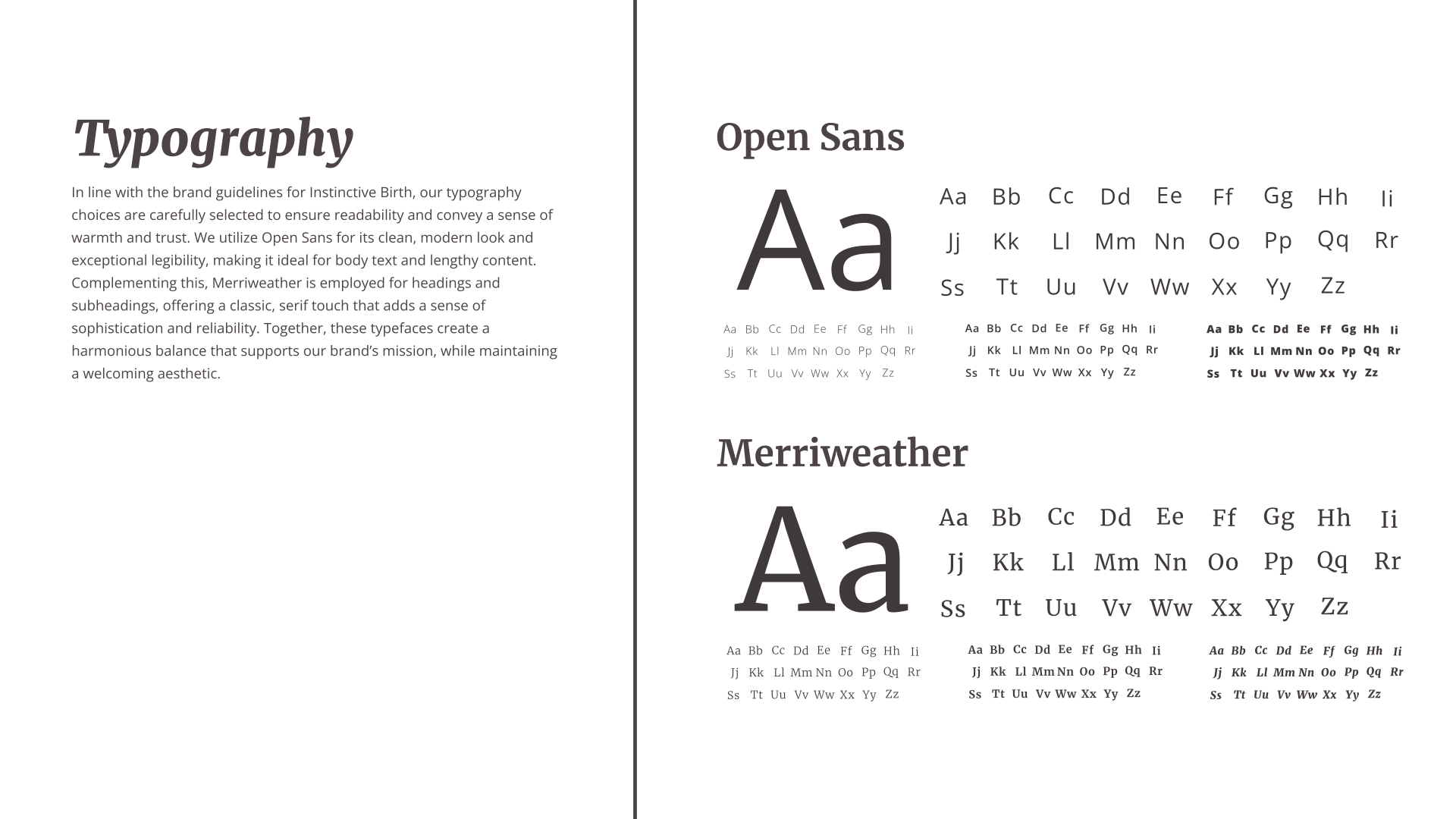 A style guide page showing the brand fonts Open Sans and Merriweather