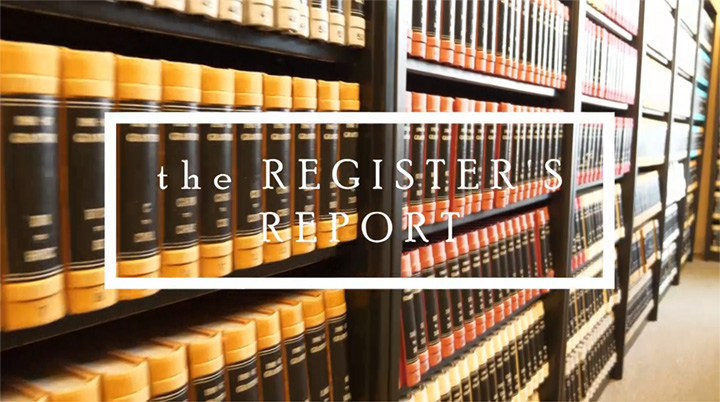 Public TV graphics package thumbnail showing The Register's Report show title super emposed over a shelf full of books